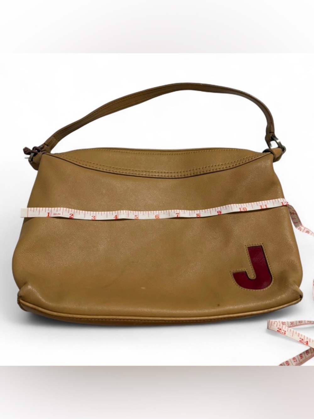 Liz Claiborne Tan Shoulder Bag with Red Initial Accent